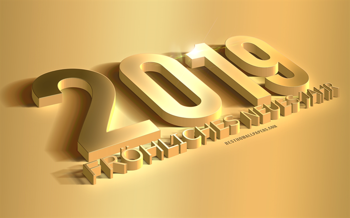 Feliz Ano Novo 2019, Feliz Ano Novo em alem&#227;o, 2019 fundo dourado, criativo 2019 arte 3d, 2019 logotipo, Feliz Ano Novo, metal dourado textura, 2019 conceitos, 2019 o ano