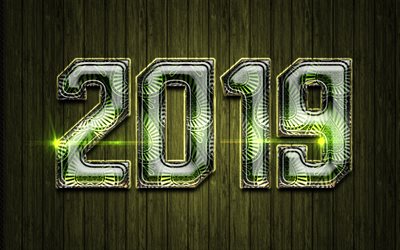 2019年グリーンガラス桁, 謹んで新年の2019年, 緑色の金属の背景, 2019ガラスアート, 2019概念, 緑のネオン, 2019年グリーンの背景, 2019年桁