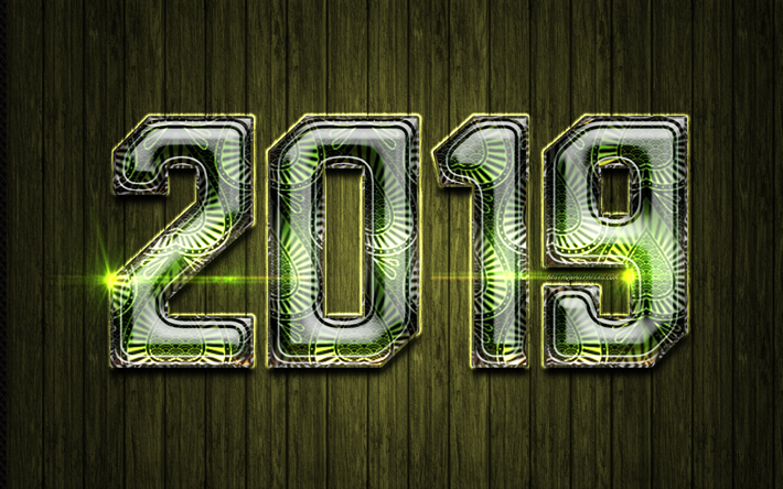 2019 green glass digits, Happy New Year 2019, green metal background, 2019 glass art, 2019 concepts, green neon lights, 2019 on green background, 2019 year digits
