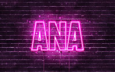 Ana, 4k, خلفيات أسماء, أسماء الإناث, آنا اسم, الأرجواني أضواء النيون, نص أفقي, صورة مع آنا اسم