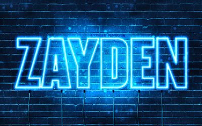 Zayden, 4k, fondos de pantalla con los nombres, el texto horizontal, Zayden nombre, luces azules de ne&#243;n, imagen con Zayden nombre