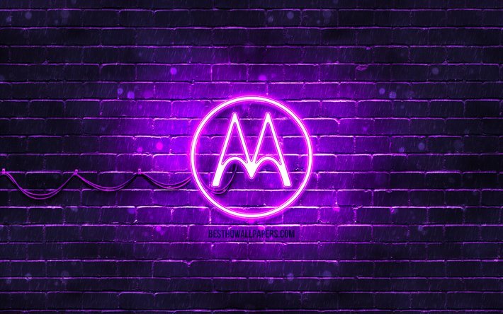 Motorola violette logo, 4k, violet, brickwall, Motorola logo, marques, Motorola n&#233;on logo, Motorola