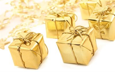 Gold gift boxes, Golden christmas background, Happy New Year, Christmas, golden bow