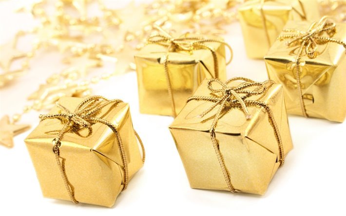 Altın hediye kutuları, Altın Noel arka plan, Mutlu Yeni Yıl, Noel, altın yay