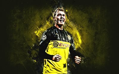 Julian Brandt, O Borussia Dortmund, BVB, Jogador de futebol alem&#227;o, o meia-atacante, retrato, alem&#227;o jogador de futebol, pedra amarela de fundo, Bundesliga, Alemanha, futebol