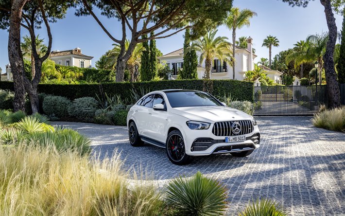 Mercedes-AMG GLE 63 4MATIC, 2020, front view, exterior, white SUV, new white GLE, german cars, Mercedes-Benz