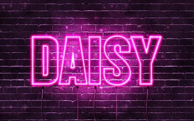 Daisy, 4k, wallpapers with names, female names, Daisy name, purple neon lights, horizontal text, picture with Daisy name