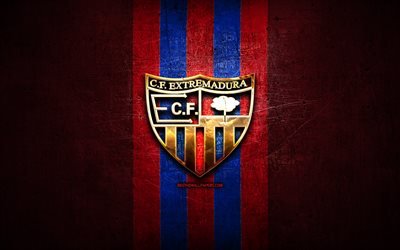 Extremadura FC, golden logo, La Liga 2, red metal background, football, Extremadura UD, spanish football club, Extremadura logo, soccer, LaLiga 2, Spain