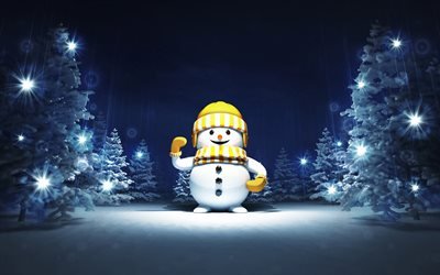 boneco de neve na noite, 4k, inverno, v&#233;spera de natal, natal de fundo, v&#233;spera de ano novo, natal conceitos, feliz ano novo, boneco de neve, decora&#231;&#245;es de natal, fundo com boneco de neve, bonecos de neve