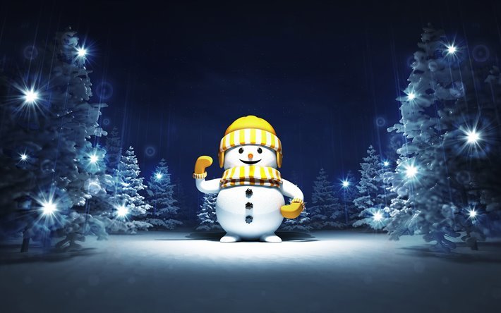 夜の雪だるま, 4k, 冬, クリスマスイブ, クリスマスの背景, ヴ, クリスマスの概念, 謹賀新年, 雪だるま, クリスマスの飾り, 背景と雪だるま