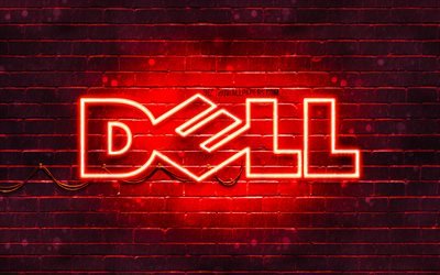Dell red logo, 4k, red brickwall, Dell logo, brands, Dell neon logo, Dell