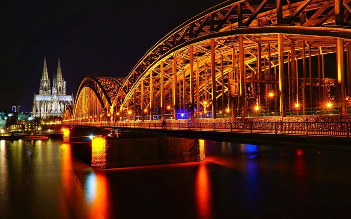 Cologne, Hohenzollern Bridge, Rhine, Cologne Cathedral, evening, Cologne cityscape, landmark, North Rhine-Westphalia, Germany
