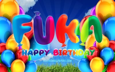 Fuka Happy Birthday, 4k, cloudy sky background, female names, Birthday Party, colorful ballons, Fuka name, Happy Birthday Fuka, Birthday concept, Fuka Birthday, Fuka