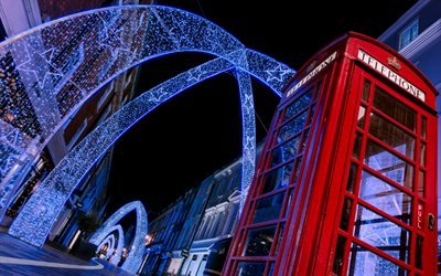 london red telephone box, weihnachten neon dekoration, nacht, stadtlandschaft, großbritannien