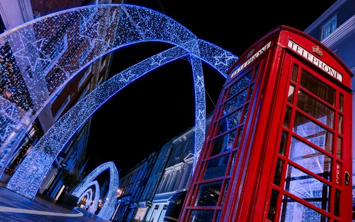 Londres, cabina telef&#243;nica roja, la Navidad de ne&#243;n de la decoraci&#243;n, noche, paisaje urbano, Gran Breta&#241;a