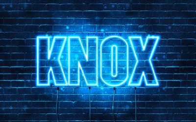 Knox, 4k, pap&#233;is de parede com os nomes de, texto horizontal, Knox nome, luzes de neon azuis, imagem com Knox nome