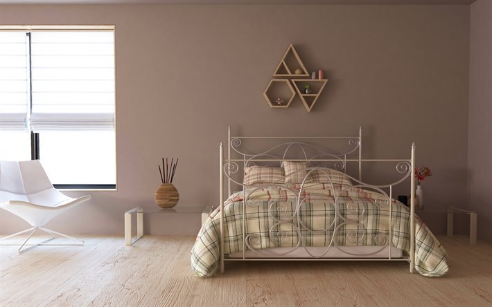 stilvolle schlafzimmer interieur, beige farbe in das wohnzimmer, metall bett