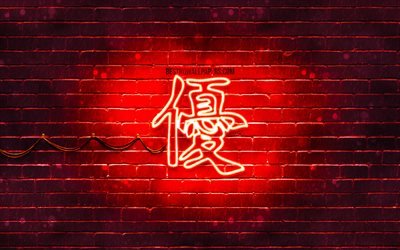 Excellent Kanji hi&#233;roglyphe, 4k, n&#233;on japonais, les hi&#233;roglyphes, les Kanji Japonais, Symbole de l&#39;excellence, le rouge brickwall, Excellent caract&#232;re Japonais, n&#233;on rouge symboles, Excellent Japonais Symbole