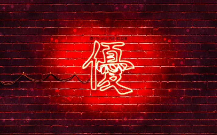 ausgezeichnete kanji-hieroglyphe, 4k, neon-japanischen hieroglyphen, kanji, japanische symbol f&#252;r hervorragende, rot brickwall, hervorragende japanische schriftzeichen, rot, neon-symbole, exzellente japanische symbol