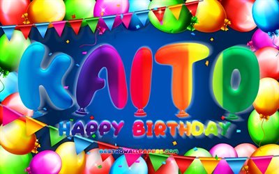 happy birthday kaito, 4k, bunte ballon-rahmen, kaito namen, blauer hintergrund, kaito happy birthday, kaito geburtstag, kreativ, geburtstag konzept, kaito