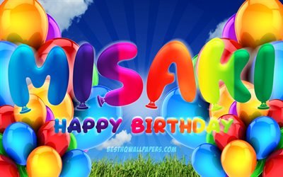 misaki happy birthday, 4k, bew&#246;lkten himmel hintergrund, weiblichen namen, geburtstag, bunte ballons, misaki namen, happy birthday misaki, geburtstag konzept, misaki geburtstag, misaki