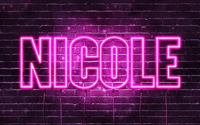 نيكول, 4k, خلفيات أسماء, أسماء الإناث, نيكول اسم, الأرجواني أضواء النيون, نص أفقي, صورة مع نيكول اسم