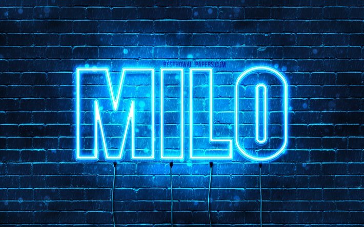 Milo, 4k, tapeter med namn, &#246;vergripande text, Milo namn, bl&#229;tt neonljus, bild med Milo namn