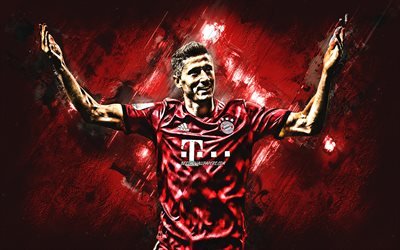 Robert Lewandowski, Polonya futbolcu, portre, FC Bayern M&#252;nih, kırmızı taş arka plan, Bundesliga, Almanya, futbol
