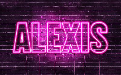 Alexis, 4k, taustakuvia nimet, naisten nimi&#228;, Alexis nimi, violetti neon valot, vaakasuuntainen teksti, kuva Alexis nimi
