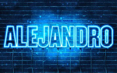 Alejandro, 4k, taustakuvia nimet, vaakasuuntainen teksti, Alejandro nimi, blue neon valot, kuva Alejandro nimi