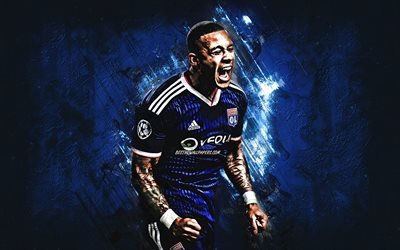 Memphis Depay, Olympique Lyonnais, Dutch soccer player, portrait, blue stone background, League 1, France, football, Lyon