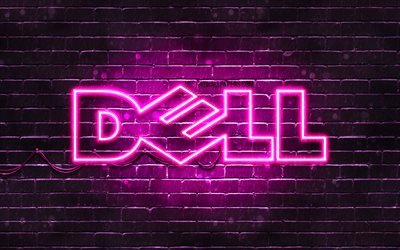 Dell purple logo, 4k, purple brickwall, Dell logo, brands, Dell neon logo, Dell