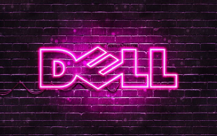 Dell lila logotyp, 4k, lila brickwall, Dell-logotypen, varum&#228;rken, Dell neon logotyp, Dell
