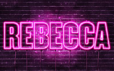 Rebecca, 4k, pap&#233;is de parede com os nomes de, nomes femininos, Rebecca nome, roxo luzes de neon, texto horizontal, imagem com Rebecca nome
