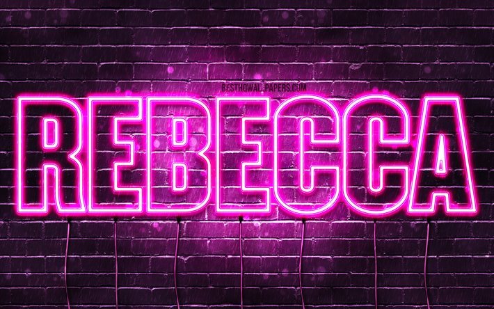 Rebecca, 4k, taustakuvia nimet, naisten nimi&#228;, Rebecca nimi, violetti neon valot, vaakasuuntainen teksti, kuva Rebecca nimi