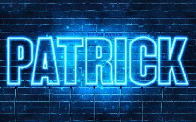 Patrick, 4k, pap&#233;is de parede com os nomes de, texto horizontal, Patrick nome, luzes de neon azuis, imagem com o nome de Patrick