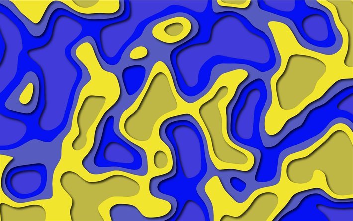 sininen-keltainen abstraktio, luova tausta, sininen-keltainen tausta, 3d-rakenne