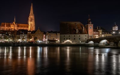 Regensburg, Tuna, Regensburg Katedrali, Gotik mimari, gece, nehir, şehir Regensburg, Regensburg d&#246;n&#252;m noktası, Almanya