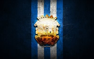 Fuenlabrada FC, ouro logotipo, A Liga 2, metal azul de fundo, futebol, CF Ferrara, clube de futebol espanhol, Fuenlabrada logotipo, LaLiga 2, Espanha