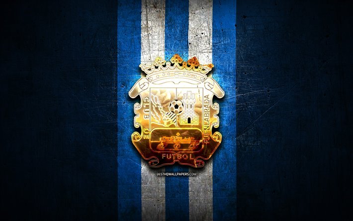 Fuenlabrada FC, golden logo, La Liga 2, blue metal background, football, CF Fuenlabrada, spanish football club, Fuenlabrada logo, soccer, LaLiga 2, Spain