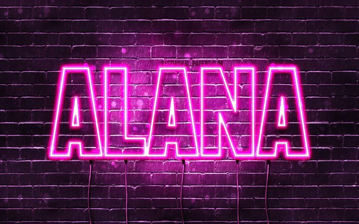 alana, 4k, tapeten, die mit namen, weibliche namen, alana name, lila, neon-leuchten, die horizontale text -, bild -, die mit namen alana