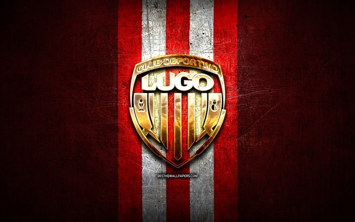 Lugo FC, de oro logotipo de La Liga 2, de metal rojo de fondo, el f&#250;tbol, el CD Lugo, club de f&#250;tbol espa&#241;ol, Lugo, logo, futbol, LaLiga 2, Espa&#241;a