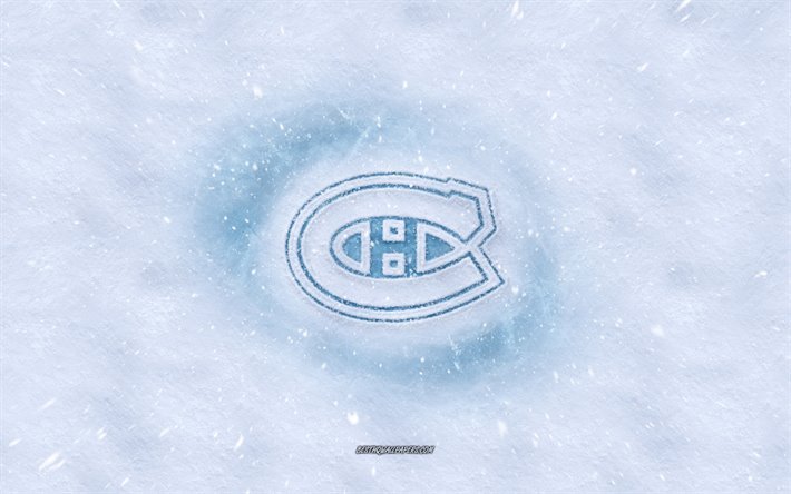 Montreal Canadiens logotipo, Canadense de h&#243;quei clube, inverno conceitos, NHL, Montreal Canadiens de gelo logotipo, neve textura, Quebec, Montreal, Canad&#225;, EUA, neve de fundo, Montreal Canadiens, h&#243;quei