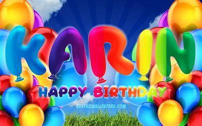 Karinお誕生日おめで, 4k, 曇天の背景, 女性の名前, 誕生パーティー, カラフルなballons, 相手の名前, お誕生日おめで、相手の, 誕生日プ, 相手の誕生日, Karin