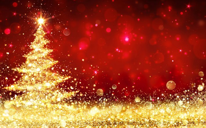 Red christmas background, Gold glitter christmas tree, Happy New Year, Christmas, golden background