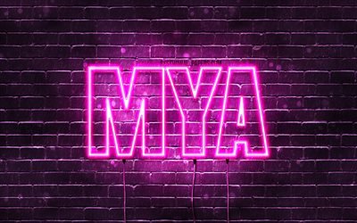 Mya, 4k, pap&#233;is de parede com os nomes de, nomes femininos, Mya nome, roxo luzes de neon, texto horizontal, imagem com Mya nome
