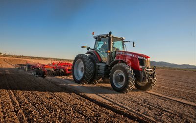 Massey Ferguson 8730, 4k, labourer le champ, en 2019, les tracteurs, les machines agricoles, tracteur rouge, HDR, tracteur dans le champ, de l&#39;agriculture, de la r&#233;colte, Massey Ferguson