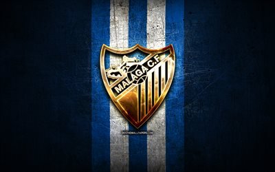 Malaga FC, logo dorato, Liga 2, blu metallo, sfondo, calcio, Malaga CF, squadra di calcio spagnola, il Malaga logo, LaLiga 2, Spagna