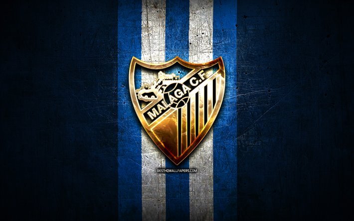 Malaga FC, golden logo, La Liga 2, blue metal background, football, Malaga CF, spanish football club, Malaga logo, soccer, LaLiga 2, Spain
