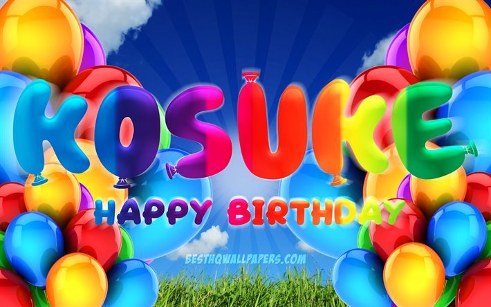 Kosuke Happy Birthday, 4k, cloudy sky background, Birthday Party, colorful ballons, Kosuke name, Happy Birthday Kosuke, Birthday concept, Kosuke Birthday, Kosuke